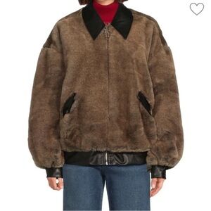 WeWoreWhat Faux Fur Bomber Jacket in brown fur with black banded trim